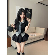 批发实拍实价 美式辣妹假两件polo领短袖t恤上衣显瘦<b class='q'>蓬蓬</b>裙短裤<b class='q'>裙套装</b>