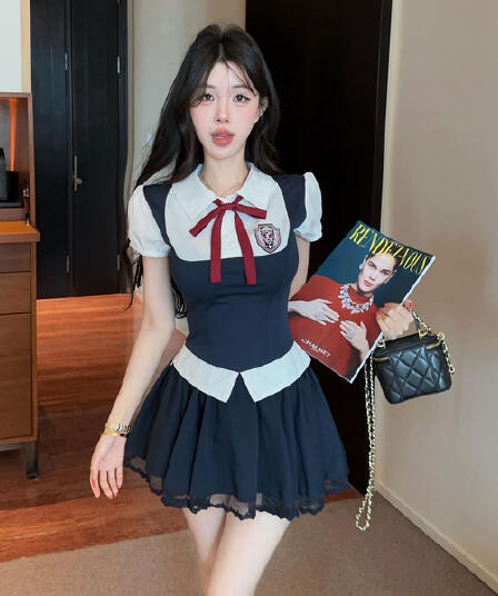 실사 정가 아메리칸 학원 스타일 세트 여성 jk 유니폼 페이크 레이어드 맨위 레이스 조각 미니 스커트 투피스 세트
