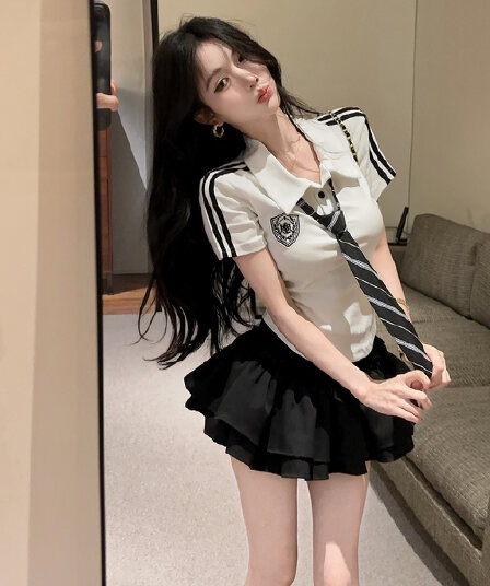 실사 정가 학원 스타일 jk 세트 몸매 가꾸기 자수 반팔 POLO 셔츠 하이웨이스트 퍼프 케이크 드레스 투피스 세트