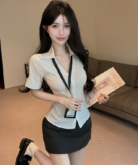 실사 정가 순수한 욕망 핫걸 허리 수축 슬림해 보이는 V넥 디자인 센스 셔츠 하이웨이스트 jk 타이트 스커트 학원 세트 여성