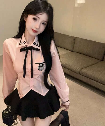 실사 정가 학원 스타일 세트 jk 유니폼 허리 수축 긴팔 셔츠 하이웨이스트 퍼프 짧은 바지 핫걸 투피스 세트