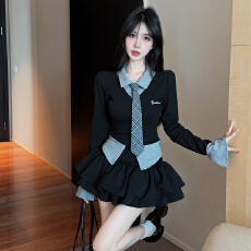 实拍实价 辣妹翻领喇叭袖长袖T恤衫美式学院风jk制服蓬蓬裙套装女