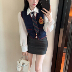 实拍实价 美式辣妹学院风jk衬衫针织背心马甲上衣短裙叠穿套装女