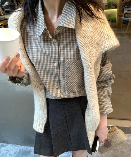 26 봄 새로운 미니멀리즘 일상 레트로 调性 프로필 모양 격자 무늬 셔츠