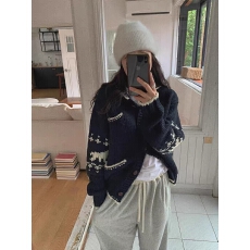 批发韩国 复古北欧麋鹿 元宝领羊毛开衫毛衣外套