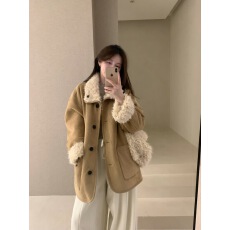 批发2025冬季款韩版复古翻领皮毛一体羊羔毛保暖麂皮绒外套女
