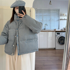 2025冬新款小个子宽松格子立领羽绒服白鸭绒加厚韩版外套女
