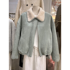 批发薄荷奶绿 韩系皮毛一体百搭翻领羊羔毛拼接鹿皮短外套