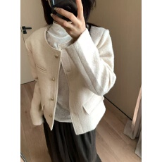 批发2025秋冬新款韩版宽松显瘦百搭纯色圆领毛呢外套女