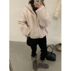 批发实拍2025新款韩版时尚百搭显瘦连帽长袖宽松显瘦洋气羊羔毛外套