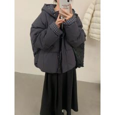 批发实拍2025冬季新款韩系格纹拼接白鸭绒羽绒服连帽保暖面包外套