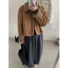 实拍～韩版复古翻领鹿皮绒短款直筒小外套女百搭保暖加厚上衣