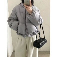 批发韩系简约<b class='q'>园</b>领短款花边保暖国际50白鸭绒外套