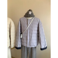 批发实拍～韩国时尚设计感撞色卷边袖圆领单排扣羽绒服外套女保暖上衣