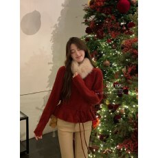 批发冬季甜美温柔收腰<b class='q'>裙摆</b>加厚保暖毛衣(配可拆仿毛领)