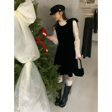 批发圣诞年会款2025秋冬千金小姐姐丝绒背心<b class='q'>连衣裙</b>女叠穿黑色短裙子