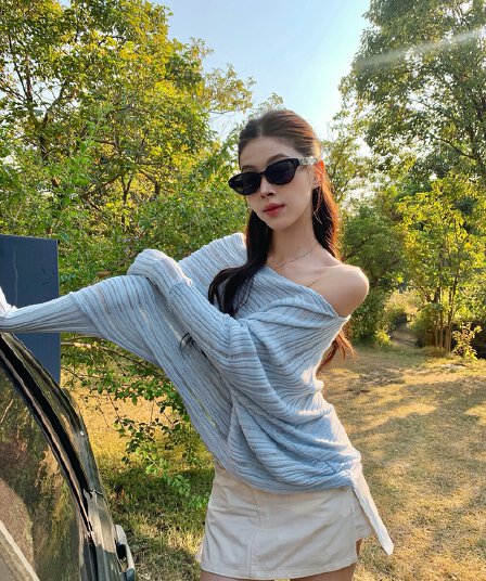 26 년 이른 봄 봄 품격 세련된 비스듬한 어깨 불규칙 니트 작은 셔츠
