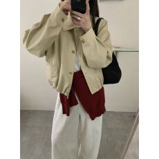 批发实拍～26年早<b class='q'>春</b>！韩版宽松超软蛋白皮翻领单排扣短款夹克外套皮衣