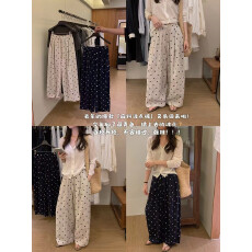 批发26夏上新爆款复古波点棉麻阔腿<b class='q'>裤</b><b class='q'>松紧腰</b>抽绳垂感透气慵懒风休闲<b class='q'>裤</b>