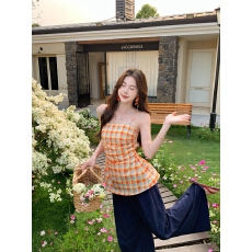 批发夏季甜美撞色格纹收腰吊带小<b class='q'>衫</b>