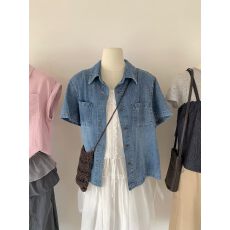 实拍26夏上新!单排扣水洗舒适百搭显瘦短款衬衫不配包包