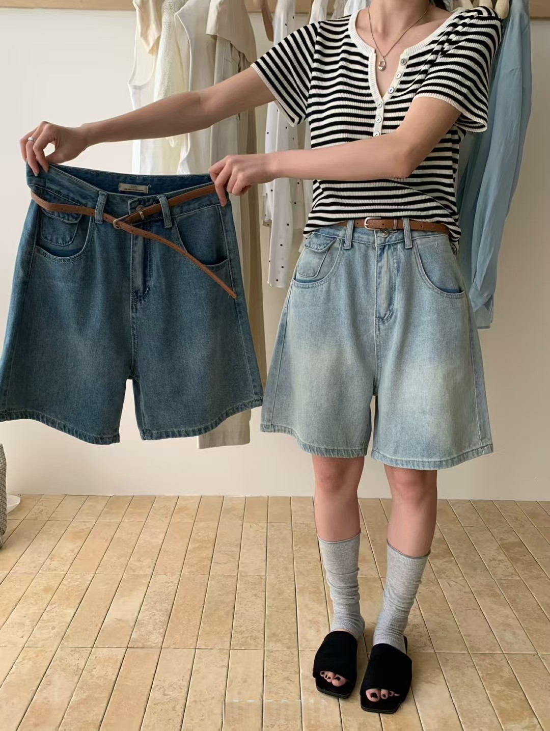 실사 여름 켜기 새로운 느슨함 센스 디스플레이 얇고 작은 힙색 디자인 센스 전체 Chic 5 점 스트레이트 팬츠 청바지
