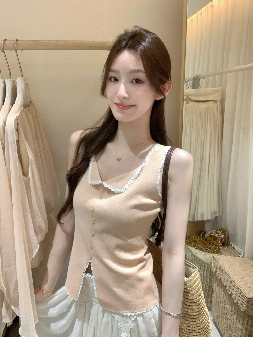 소녀 bunny 행복 up 여름 순수한 작은 흰색 꽃 레이스 레이스 작은 폴로 칼라 니트 스웨터 조끼