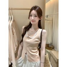 批发'少女Bunny'幸福感up！夏日清纯小白花~蕾丝花边小翻领针织衫背心