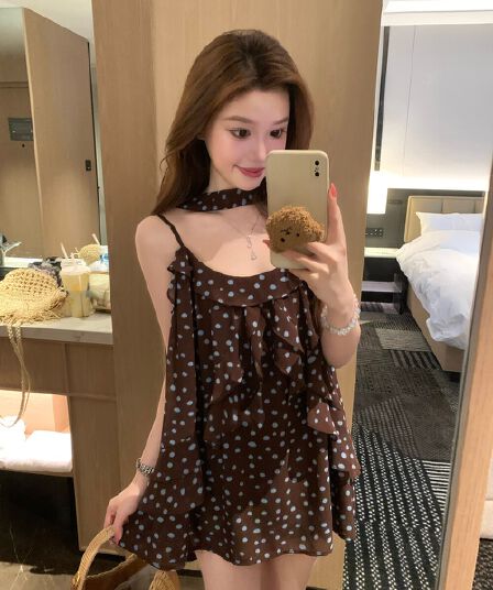 여름 켜기 새로운 느긋한 와 성별 블루 커피 포인트 꽃무늬 도트 무늬 불규칙 프릴 슬립 맨위 조끼 경기 리본