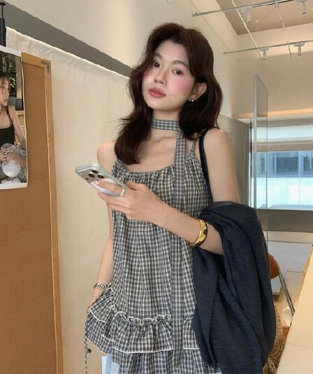 소녀 특별 조정 26 여름 켜기 새로운 슬립 체크무늬 리본 이중층 연꽃 잎 조끼 경기 리본
