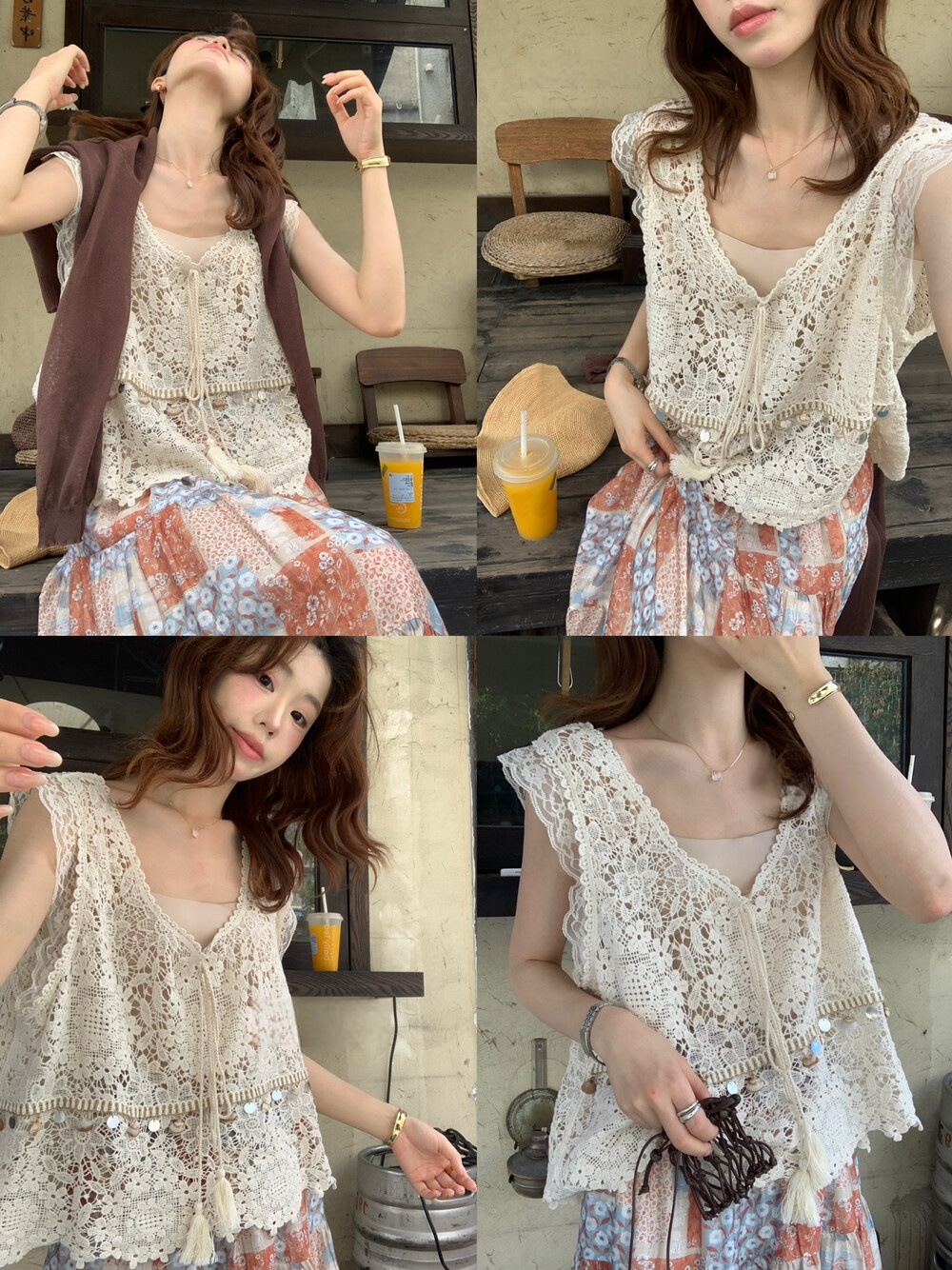 여름 켜기 새로운 조개 홀로우 아웃 술 레이스 자수 스택 착용 조끼