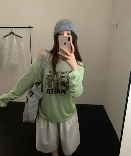 실사 26 년 여름 켜기 새로운 비스듬한 어깨 만화 프린트 캐주얼 다용도 긴팔 티셔츠