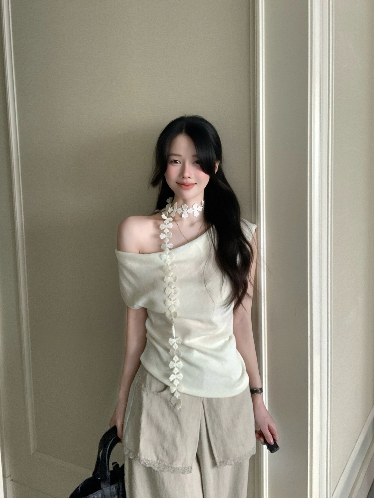26 여름 켜기 새로운 닫힌 눈 입력 흔들다 칼라 수정 목 라인 3 차원 꽃잎 리본 니트 스웨터 경기 리본