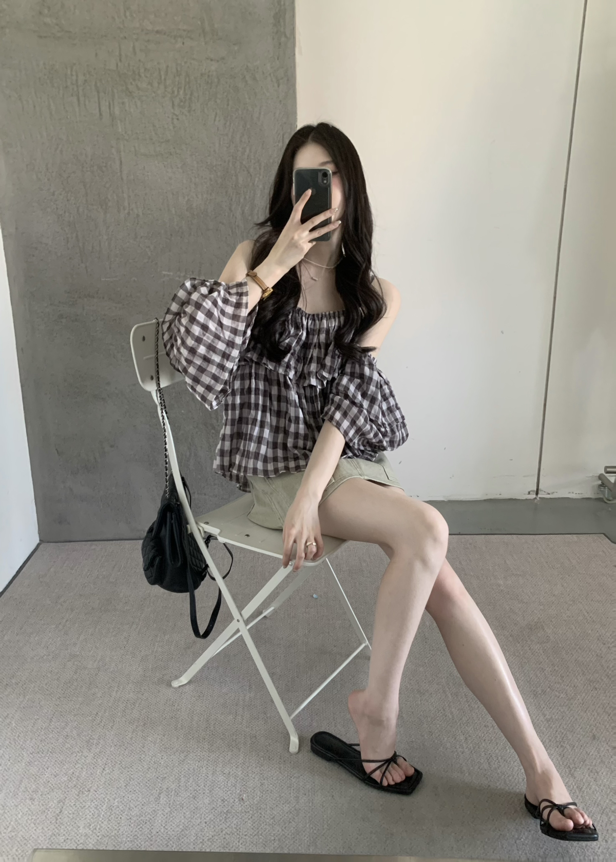 여름 켜기 새로운 한 부서 레트로 체크무늬 탈착식 오프숄더 슬립 둘 착용 주름 쇼트 스타일 오프숄더 맨위 작은 셔츠