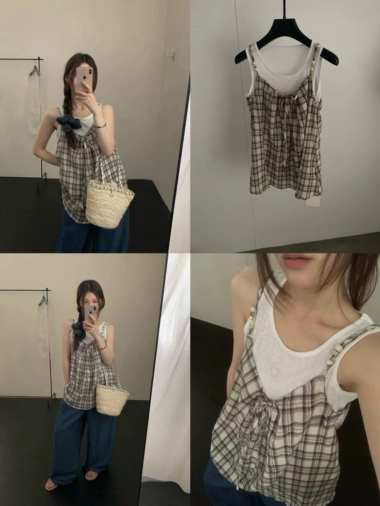 실사 26 여름 켜기 새로운 한 부서 달콤함 디자인 센스 단색 조끼 프릴 체크무늬 캐미솔 투피스 세트