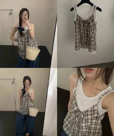 실사 26 여름 켜기 새로운 한 부서 달콤함 디자인 센스 단색 조끼 프릴 체크무늬 캐미솔 투피스 세트