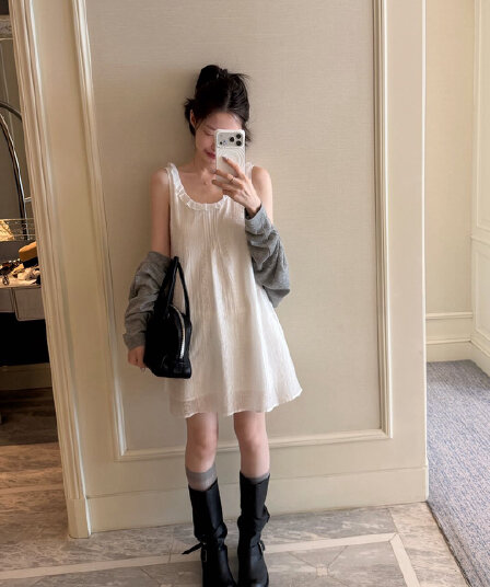 인터넷 레드 블로그 주님 챕터 쉘 매장 주간 실크 원단 자카드 민소매 대 u 칼라 슬림해 보이는 드레스 단일 판매 치마