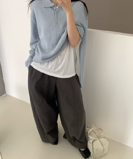 실사 가을 켜기 새로운 한국 부드러운 단색 POLO 칼라 긴팔 니트 스웨터 여성