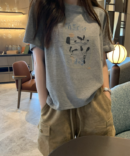 26 가을 켜기 새로운 낮음 포화 된 색 라인 강아지 루즈핏 편안함 t 캐주얼 만화 프린트 자이언트 다용도 반팔 티셔츠