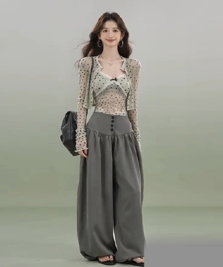 한 부서 고급 센스 ootd 착용 가져 가라. 에이즈 환자 세트 여성 작은 키 슬립 오픈 가디건 와이드 레그 팬츠 어린이 3종 세트