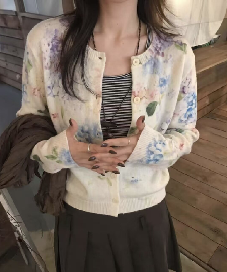 26 가을 켜기 새로운 한 부서 프랑스식 낭만주의 꽃 프린트 스웨터 맨위 스웨터