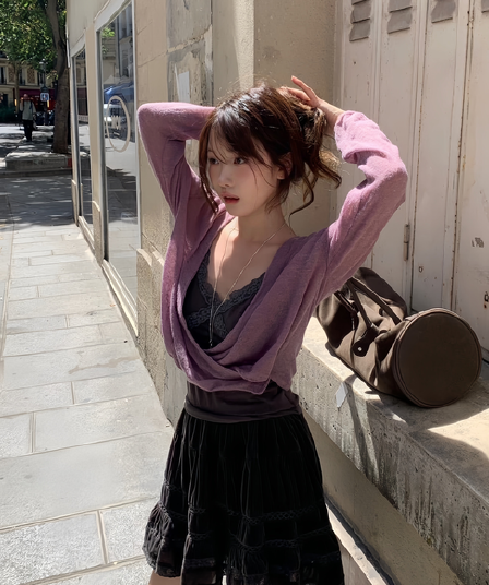 느슨함 달콤함 십자가 디자인 센스 오픈 가디건 인사이드 가져 가라. 슬립 세트 여성 가을 반신 치마바지 3종 세트