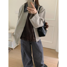 批发复古撞色皮领灯芯绒<b class='q'>夹克</b>廓形拉链抽绳下摆短外套