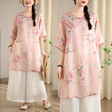 批发2026夏季复古新中式国风刺绣棉麻衬衫裙显瘦舒适高级感茶服女