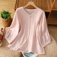 批发2026文艺清丽棉麻<b class='q'>刺绣</b>V领灯笼袖<b class='q'>衬衫</b>女温婉简约宽松百搭上衣