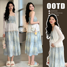 批发实拍~孕妇海边度假风出游吊带<b class='q'>连衣裙</b>夏季新款晕染<b class='q'>拼接</b>开衫两件套