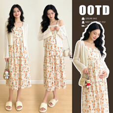 批发实拍~2026夏季新款<b class='q'>孕妇</b><b class='q'>时尚</b>冰丝针织开衫内搭吊带连衣裙两件套装