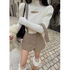 批发冬季新款<b class='q'>韩版</b>气质高领感镂空泡泡袖短款针织衫女裙<b class='q'>裤</b>两件套