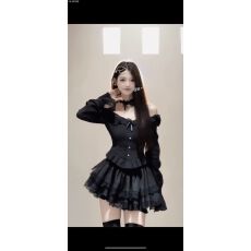 批发一字领长袖衬衫新款<b class='q'>蕾丝</b>拼接短上衣高腰蓬蓬裙套装