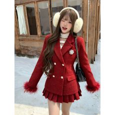 批发韩剧奶白色毛领<b class='q'>西装</b>呢子外套<b class='q'>女</b>秋冬高腰半身裙短裙学院风两件套装